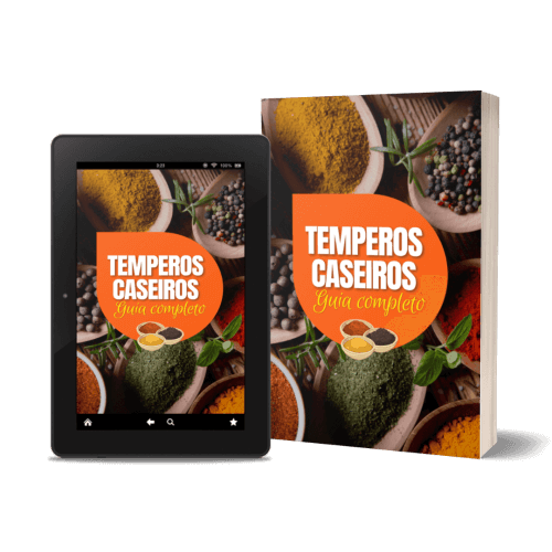 Mockup do guia Temperos Caseiros no tablet e em livro
